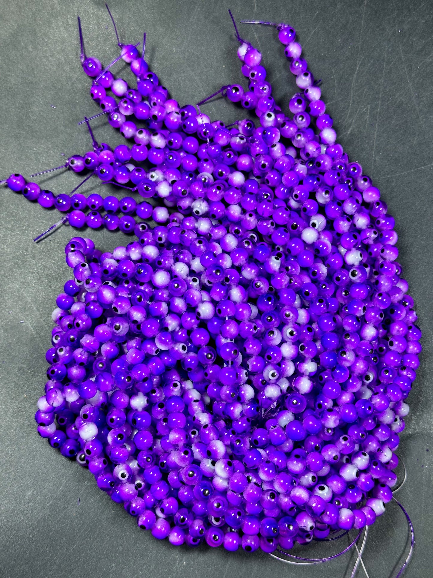 Beautiful Purple Evil Eye Glass Beads 6mm Round Beads, Beautiful Purple Clear Color Evil Eye Amulet Glass Beads, Full Strand Glass Beads