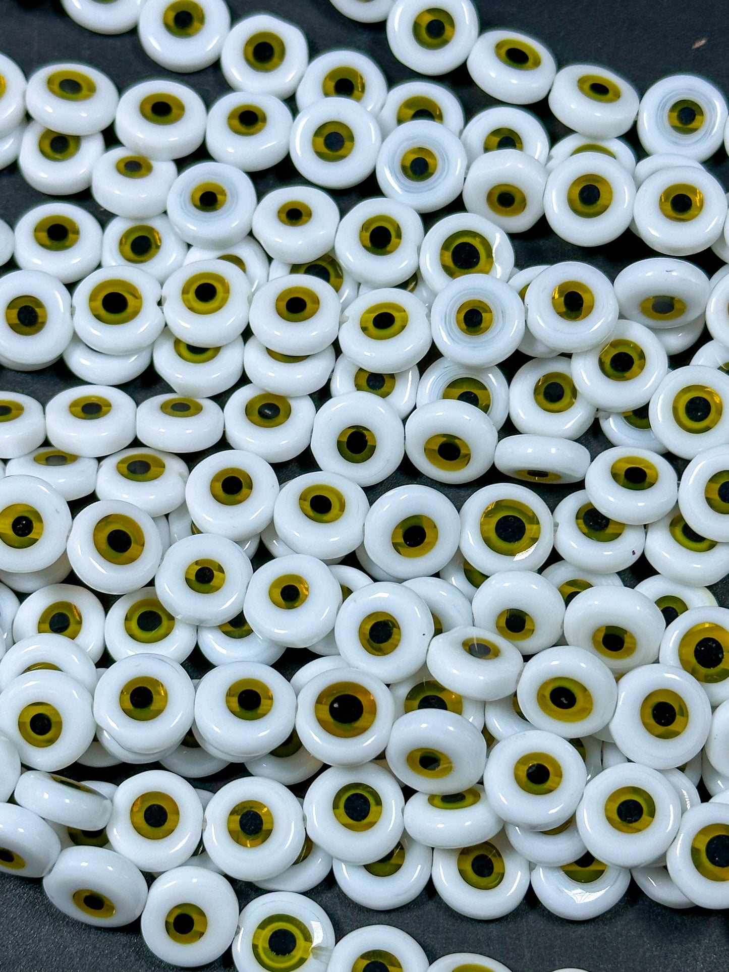 Beautiful Evil Eye Glass Beads 6mm 10mm Flat Coin Shape, Beautiful White with Yellow Evil Eye Glass Beads, Religious Amulet Prayer Beads