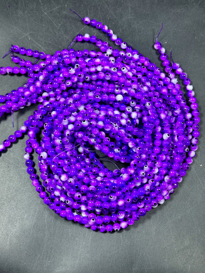 Beautiful Purple Evil Eye Glass Beads 6mm Round Beads, Beautiful Purple Clear Color Evil Eye Amulet Glass Beads, Full Strand Glass Beads