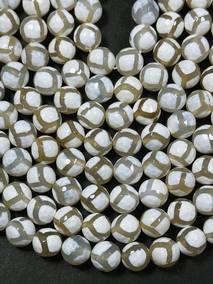 Natural White Hand Painted Tibetan Agate Gemstone Bead Faceted 6mm 8mm 10mm 12mm Round Beads, White Soccer Ball Design Full Strand 15.5"