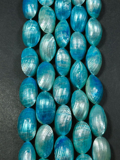 Natural Blue Sea Shell Beads, Natural 24x12mm Sea Shell Oval Shape Beads, Gorgeous Aqua Sea Blue Color Sea Shell Beads, 15.5" Strand