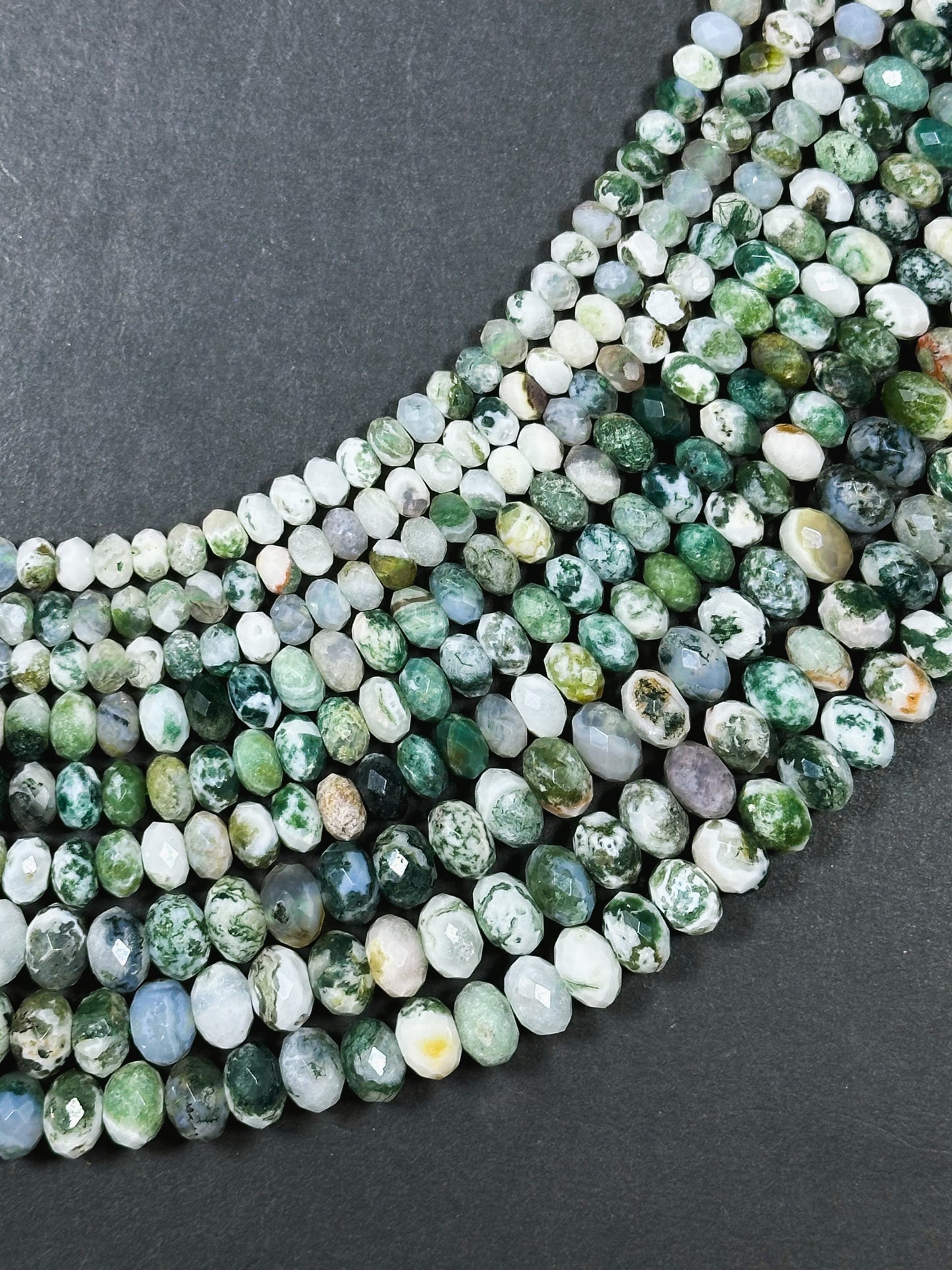 Natural Green Moss Agate Gemstone Bead Faceted Rondelle Shape Beads, Gorgeous Natural White Green Color Moss Agate Beads Full Strand 15.5"