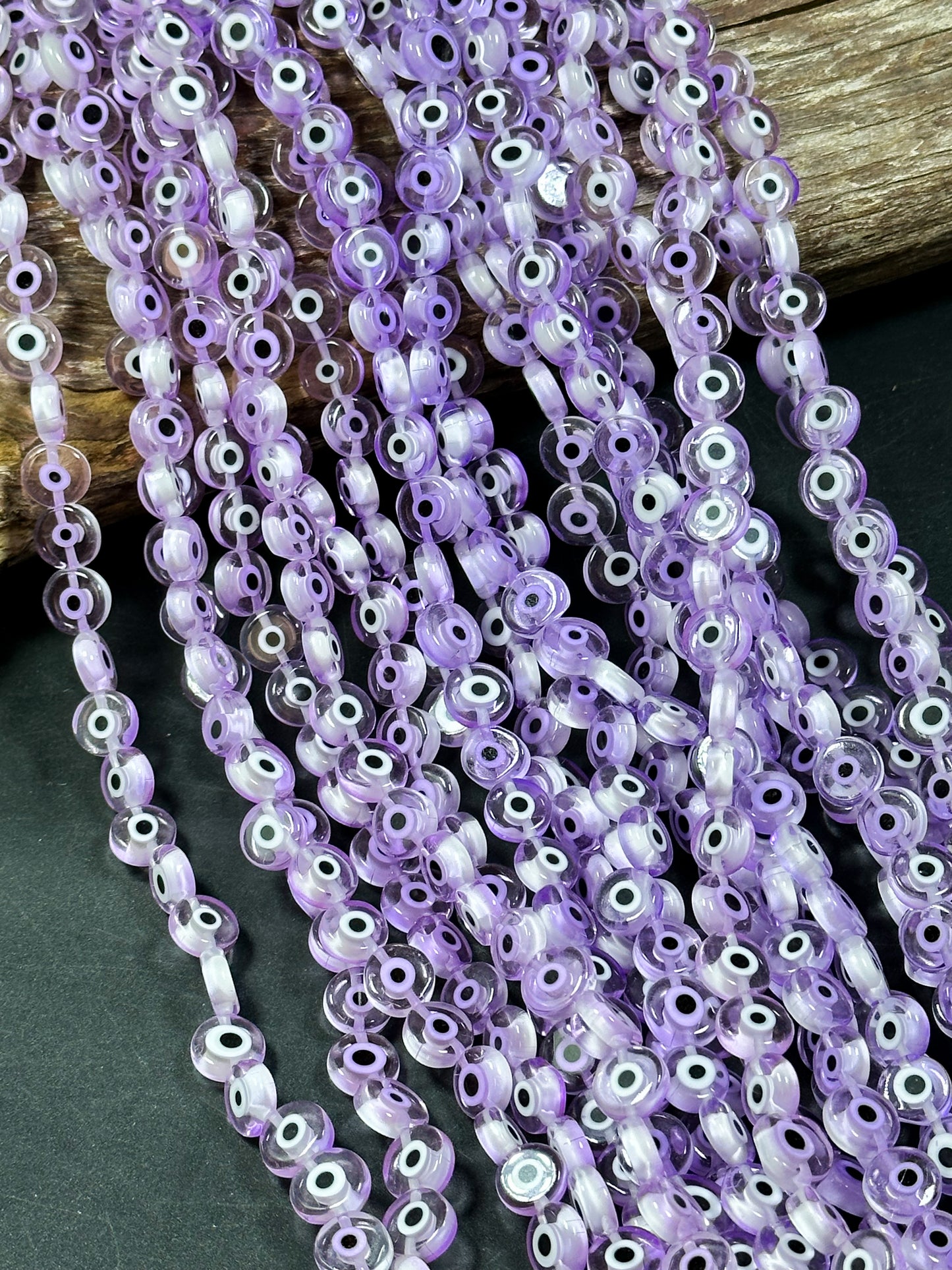 Beautiful Evil Eye Glass Beads 6mm 8mm 10mm Flat Coin Shape, Beautiful Purple Clear Color Evil Eye Glass Beads, Religious Amulet Prayer Beads