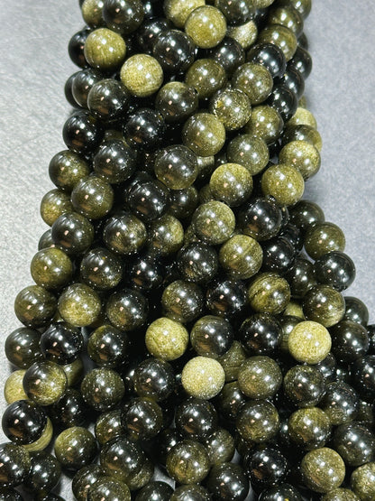 AAA Natural Gold Obsidian Gemstone Bead 6mm 8mm 10mm 12mm Round Bead, Gorgeous Black Gold Sheen Obsidian Bead, Excellent Quality Full Strand 15.5