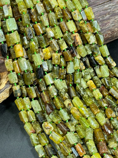 Natural Green Garnet Gemstone Bead Faceted 12x7mm Tube Shape, Beautiful Natural Green Brown Color Garnet Gemstone Bead Great Quality 15.5"