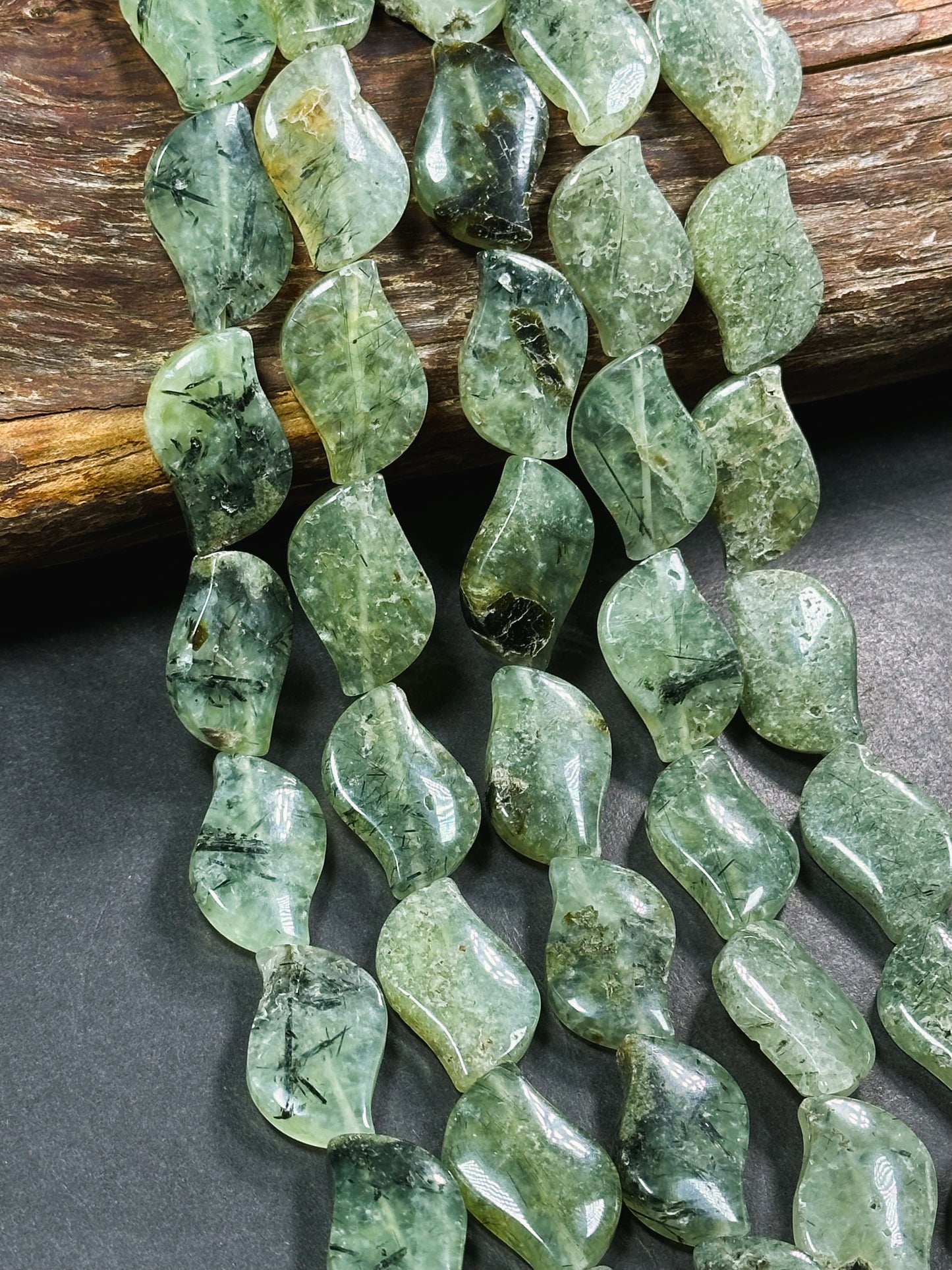 Natural Prehnite Gemstone Bead 29x18mm Wave Shape Bead, Beautiful Natural Green Prehnite Stone Bead w/ Epidote Inclusions, Full Strand 15.5"