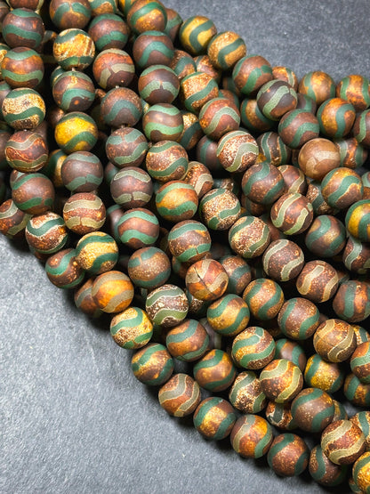 Natural Tibetan Agate Gemstone Bead 6mm 10mm 12mm Round Bead, Beautiful Brown Green Wave Design Tibetan Agate Gemstone Full Strand 15.5”