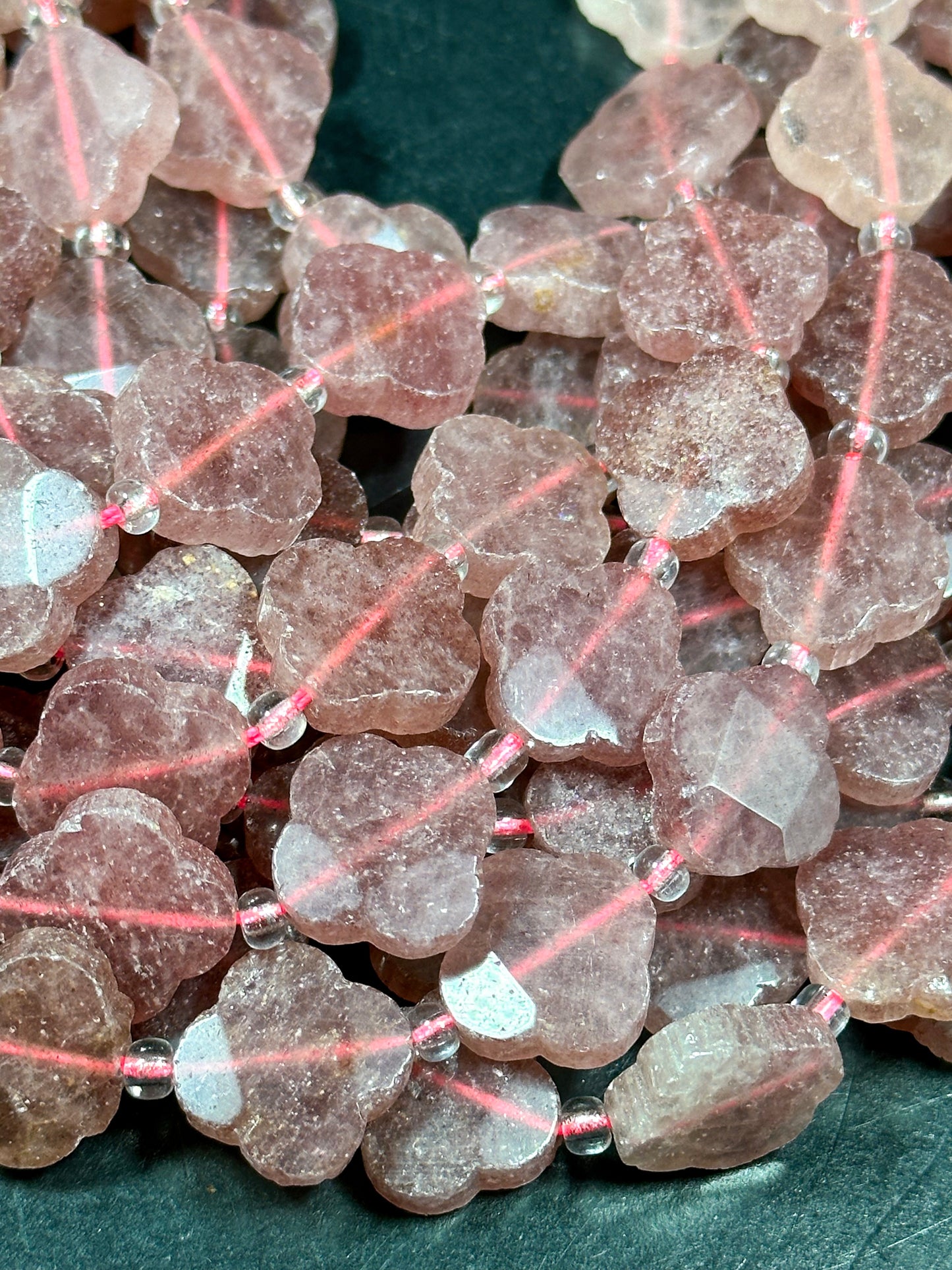 NATURAL Strawberry Quartz Gemstone Bead Faceted 16mm Clover Flower Shape Bead, Beautiful Red Pink Color Gemstone Beads Full Strand 15.5"