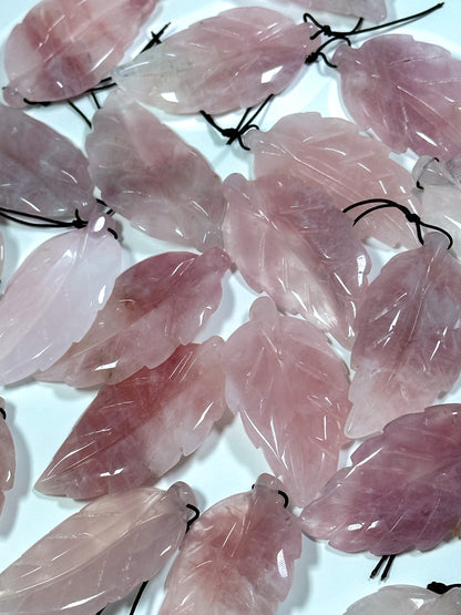 NATURAL Beautiful Hand Carved Rose Quartz Gemstone Pendant 60x31mm Leaf Shape, Gorgeous Natural Pink Color Rose Quartz Pendant