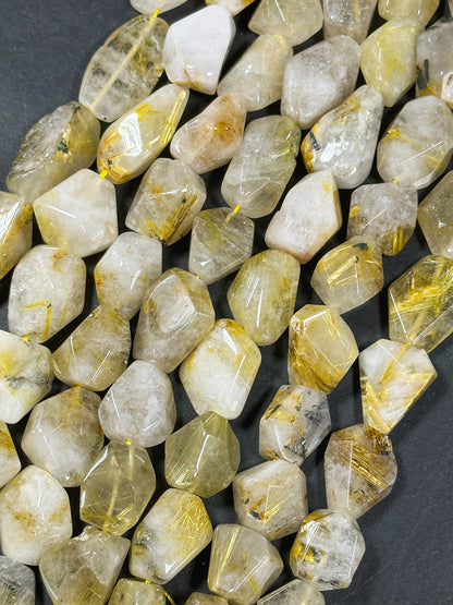 Natural Gold Rutilated Quartz Gemstone Bead Faceted Freeform Nugget Shape, Beautiful Golden Yellow Color Quartz, Great Quality Full Strand