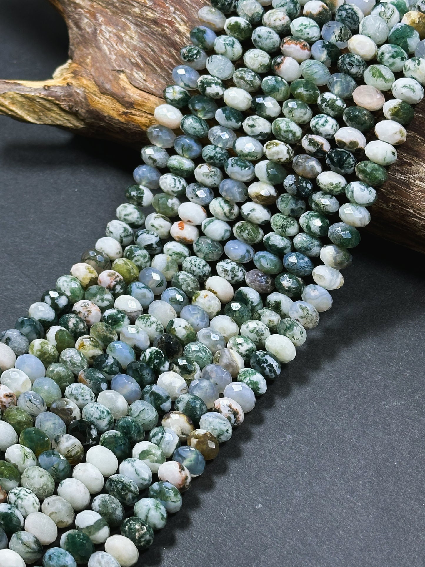 Natural Green Moss Agate Gemstone Bead Faceted Rondelle Shape Beads, Gorgeous Natural White Green Color Moss Agate Beads Full Strand 15.5"