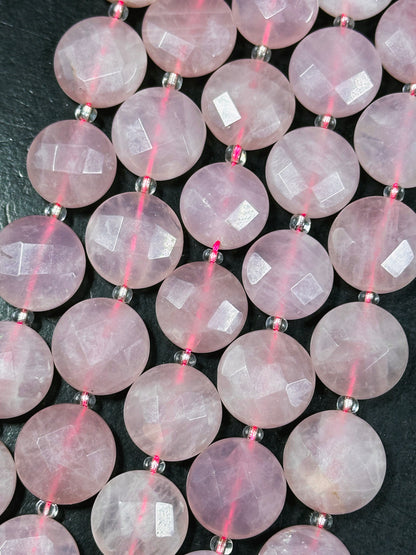 Natural Rose Quartz Gemstone Bead Faceted 18mm Coin Shape, Beautiful Natural Pink Color Rose Quartz Bead, Great Quality Full Strand 15.5"