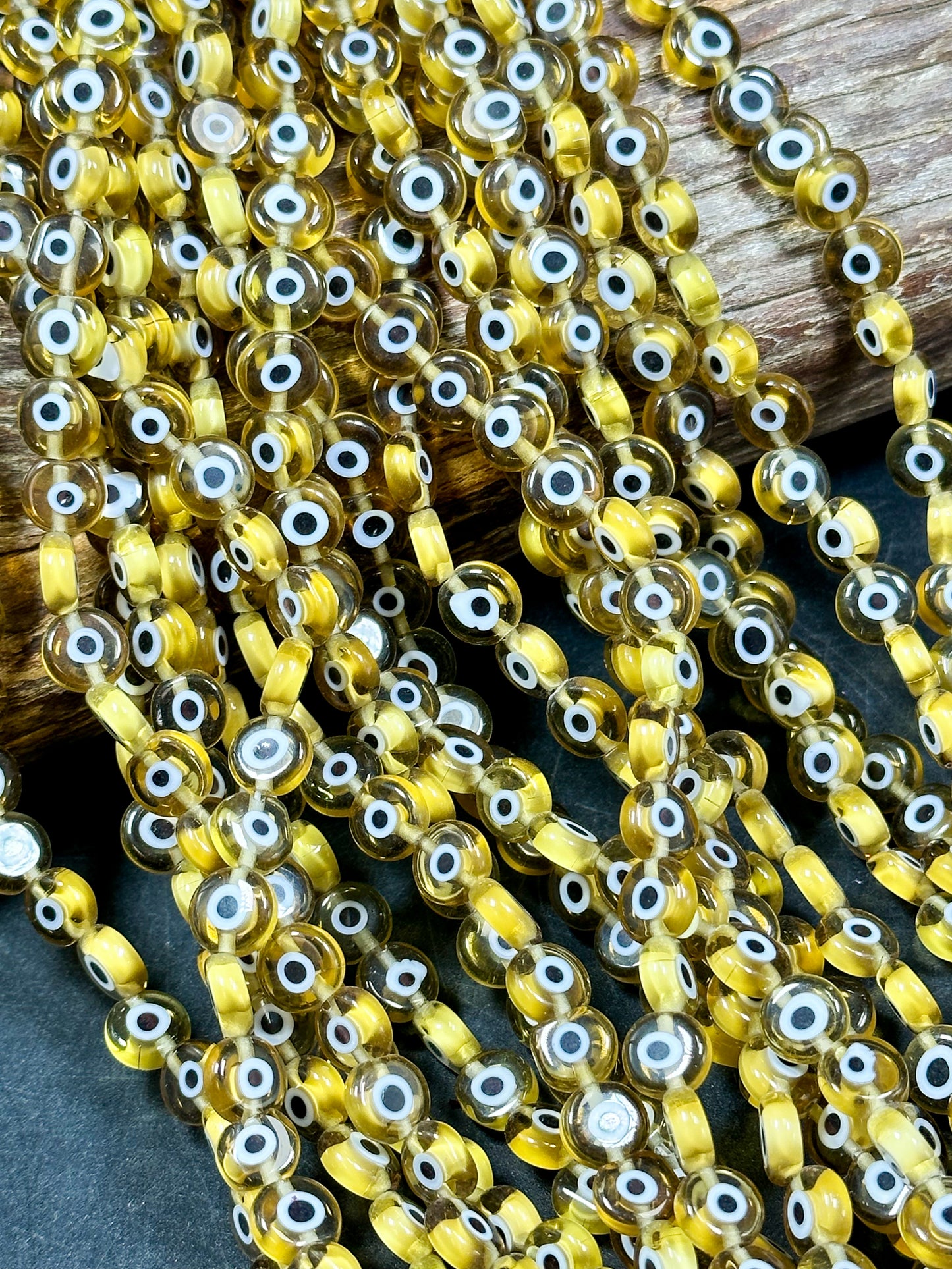 Beautiful Evil Eye Glass Beads 6mm 8mm Flat Coin Shape, Beautiful Yellow Clear Evil Eye Beads, Religious Amulet Prayer Beads