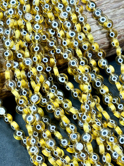 Beautiful Evil Eye Glass Beads 6mm 8mm Flat Coin Shape, Beautiful Yellow Clear Evil Eye Beads, Religious Amulet Prayer Beads