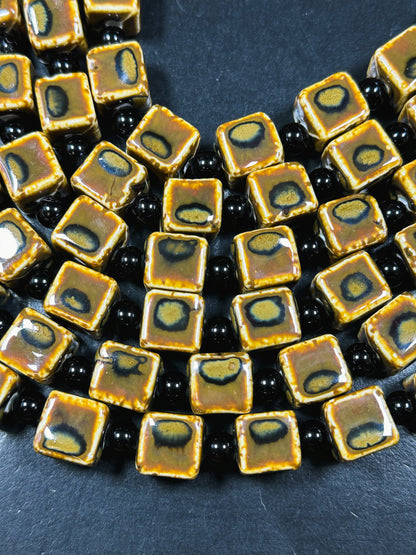 Beautiful Hand Painted Porcelain Beads, 14mm Unique Hand Painted Porcelain Cube Shape Beads, Gorgeous Brown Color Porcelain Bead 8"