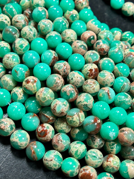 Natural Sea Sediment Jasper Gemstone Bead 6mm 8mm Round Beads, Beautiful Teal Green Beige Color Imperial Jasper Beads Full Strand 15.5"