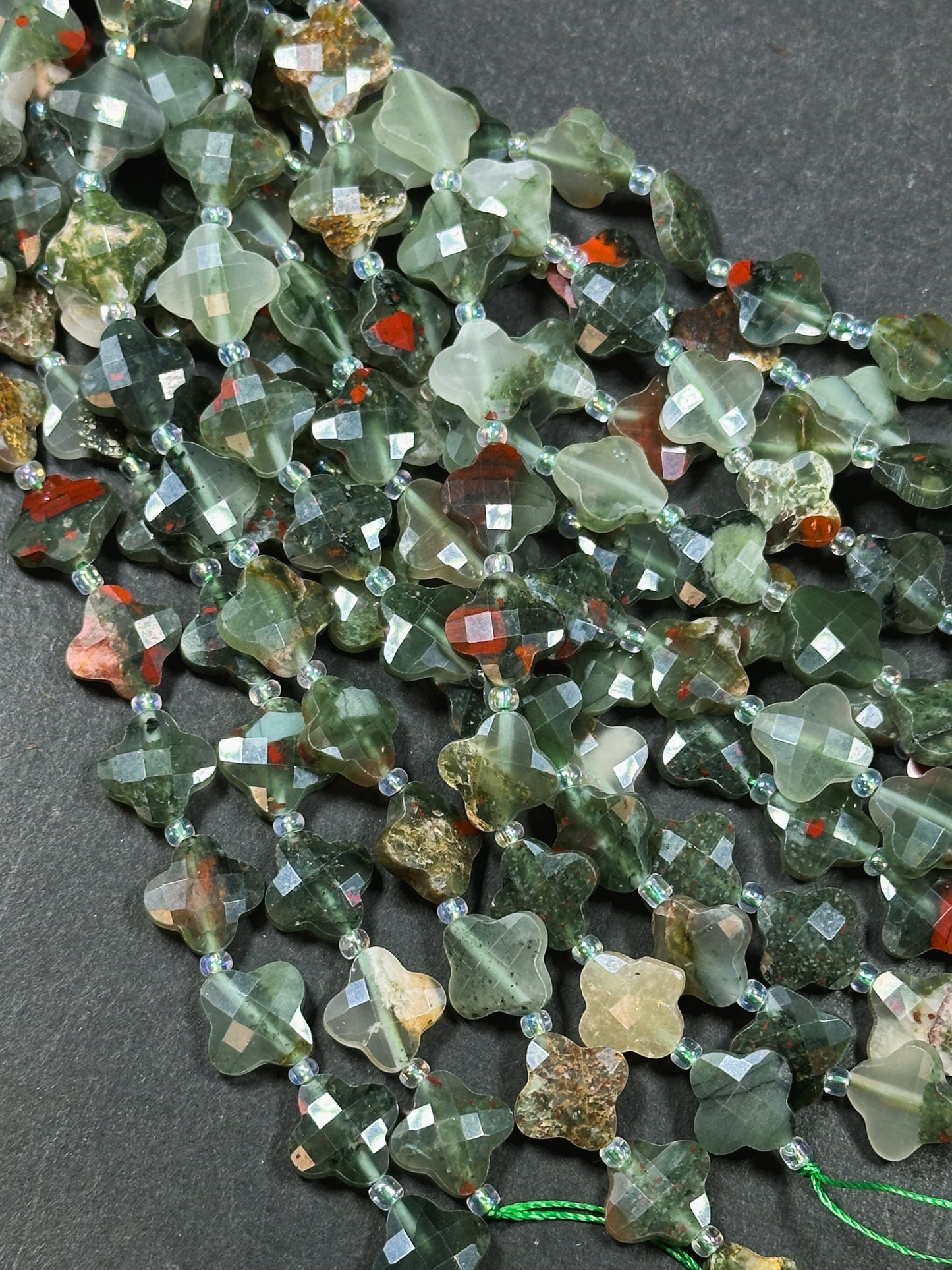 Natural African Bloodstone Gemstone Bead Faceted 12mm Clover Flower Shape Bead, Gorgeous Natural Gray Red Bloodstone Beads 15.5" Strand