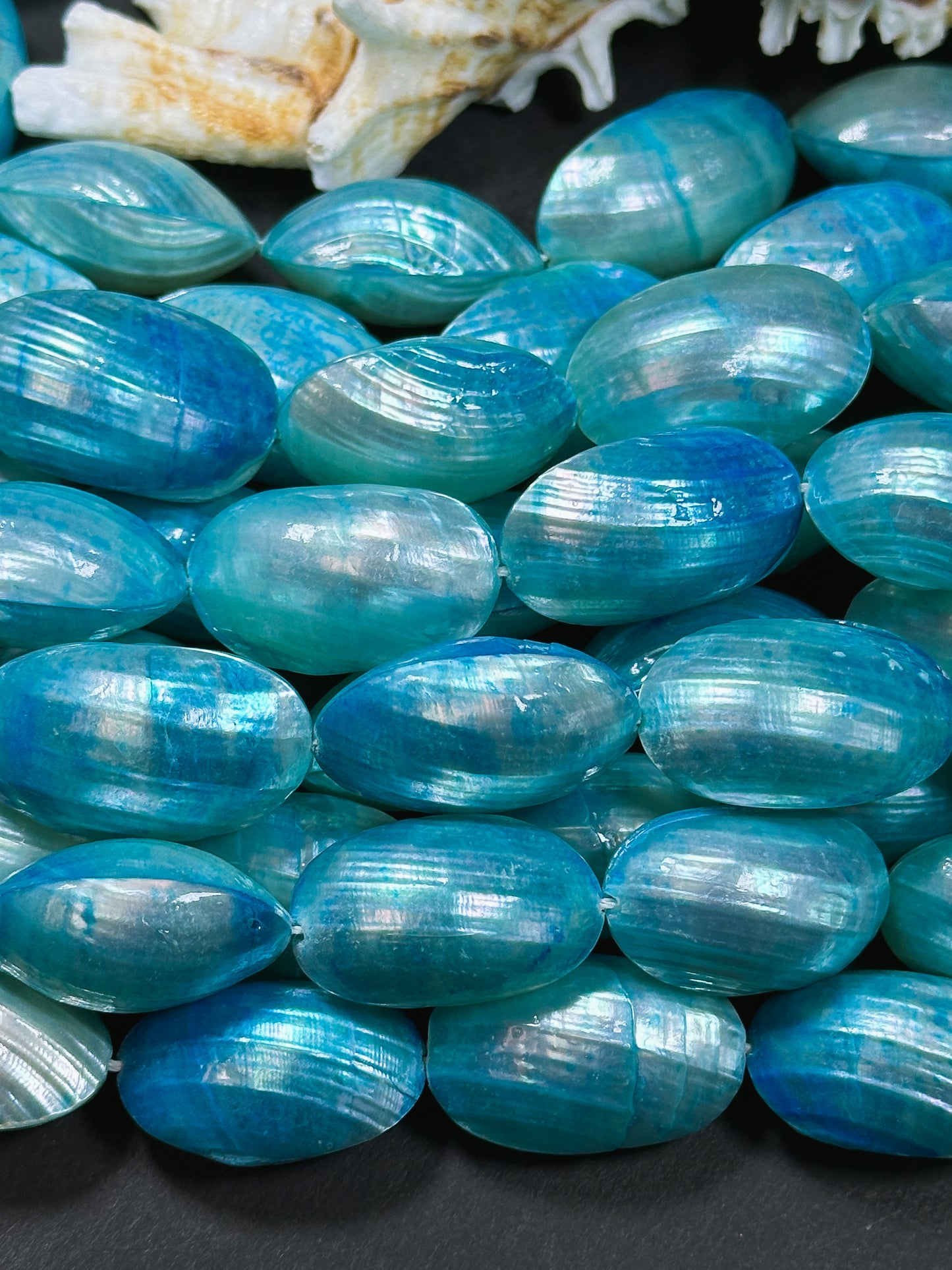 Natural Blue Sea Shell Beads, Natural 24x12mm Sea Shell Oval Shape Beads, Gorgeous Aqua Sea Blue Color Sea Shell Beads, 15.5" Strand