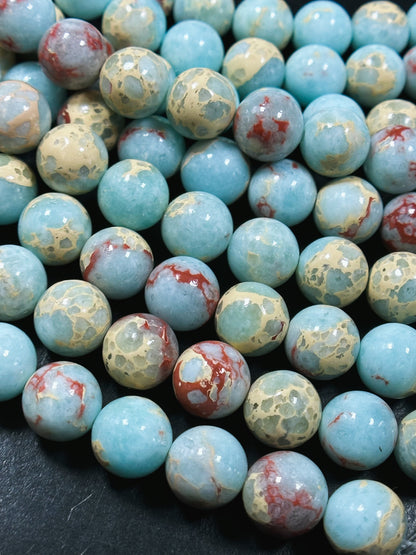 Natural Sea Sediment Jasper Gemstone Bead 6mm 8mm 10mm Round Beads, Beautiful Blue Red Beige Color Imperial Jasper Beads Full Strand 15.5"