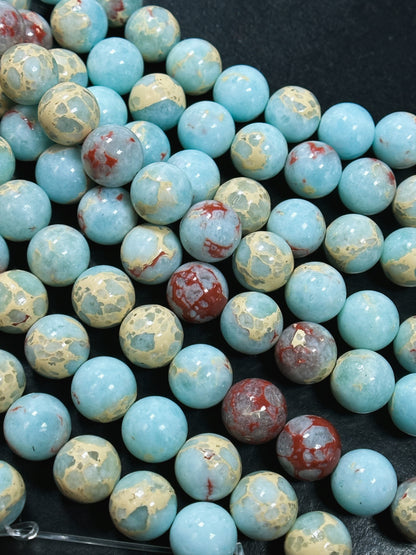 Natural Sea Sediment Jasper Gemstone Bead 6mm 8mm 10mm Round Beads, Beautiful Blue Red Beige Color Imperial Jasper Beads Full Strand 15.5"