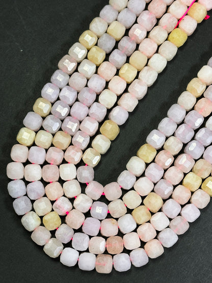 AAA Natural Morganite Gemstone Bead Faceted 8mm Cube Shape, Gorgeous Multicolor Pastel Pink Yellow Purple Morganite Beads, Excellent Quality