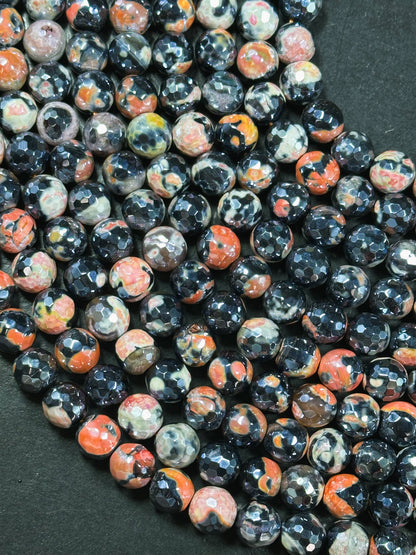 Mystic Natural Tibetan Agate Gemstone Bead Faceted 8mm 10mm Round Beads, Beautiful Mystic Orange Black Agate Stone Beads, Full Strand 15.5"