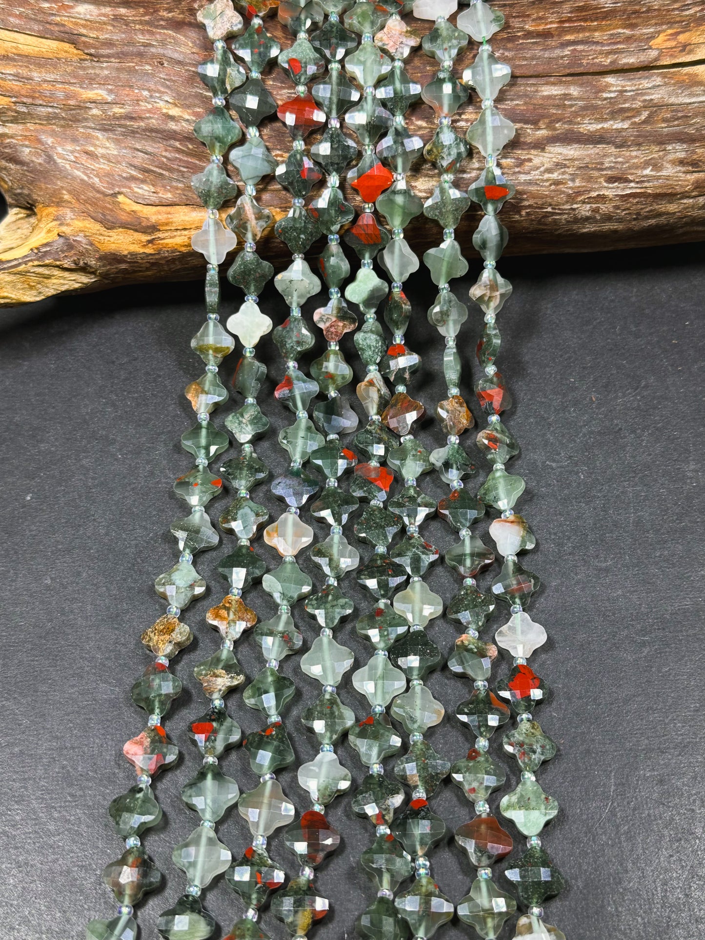 Natural African Bloodstone Gemstone Bead Faceted 12mm Clover Flower Shape Bead, Gorgeous Natural Gray Red Bloodstone Beads 15.5" Strand