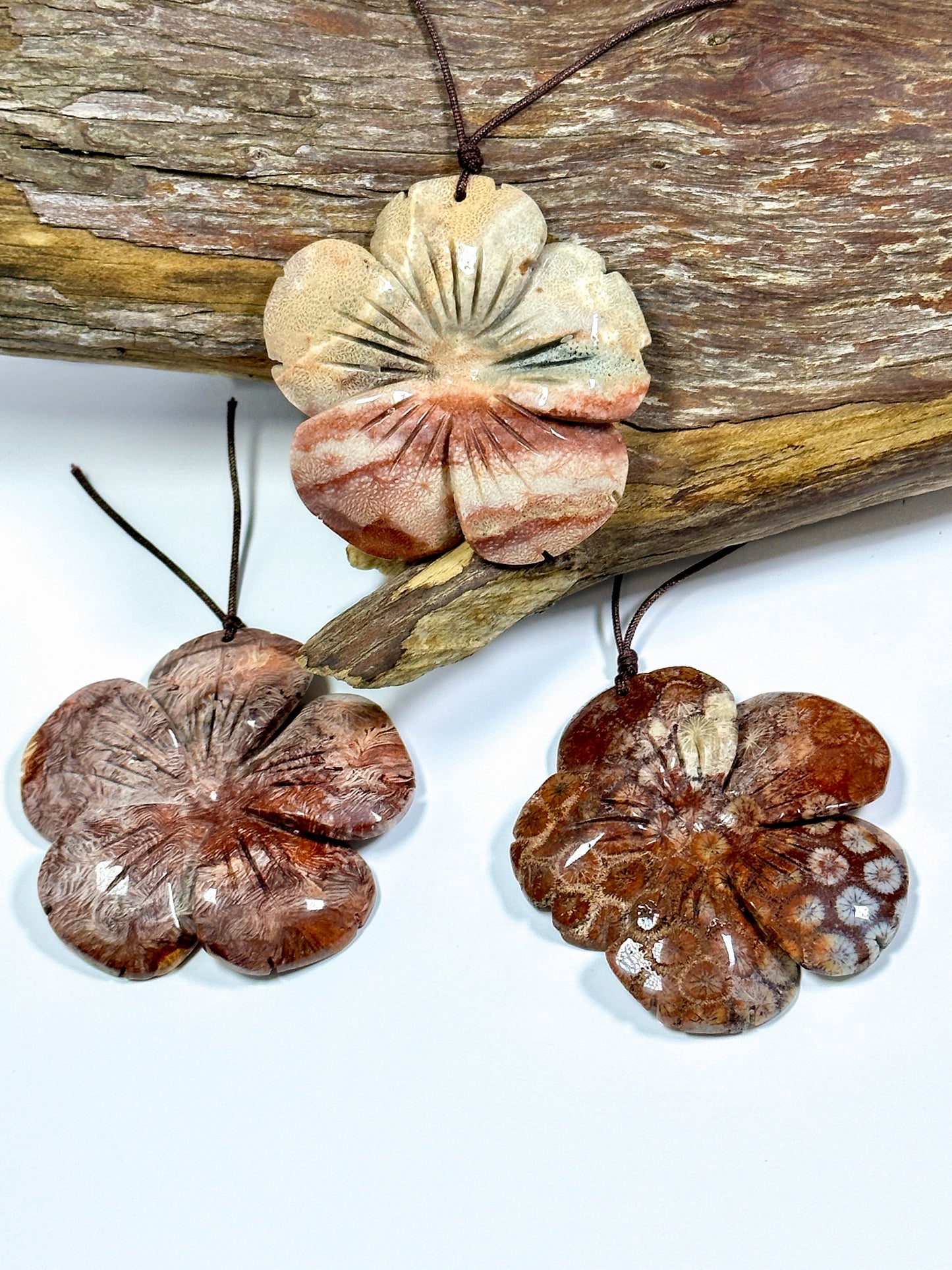 Hand Carved Natural Fossil Coral Gemstone Pendant 54mm Flower Shape, Beautiful Orange Red Beige Color Hand Carved Loose Fossil Coral Pendant