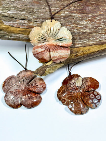Hand Carved Natural Fossil Coral Gemstone Pendant 54mm Flower Shape, Beautiful Orange Red Beige Color Hand Carved Loose Fossil Coral Pendant