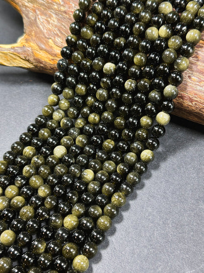 AAA Natural Gold Obsidian Gemstone Bead 6mm 8mm 10mm 12mm Round Bead, Gorgeous Black Gold Sheen Obsidian Bead, Excellent Quality Full Strand 15.5