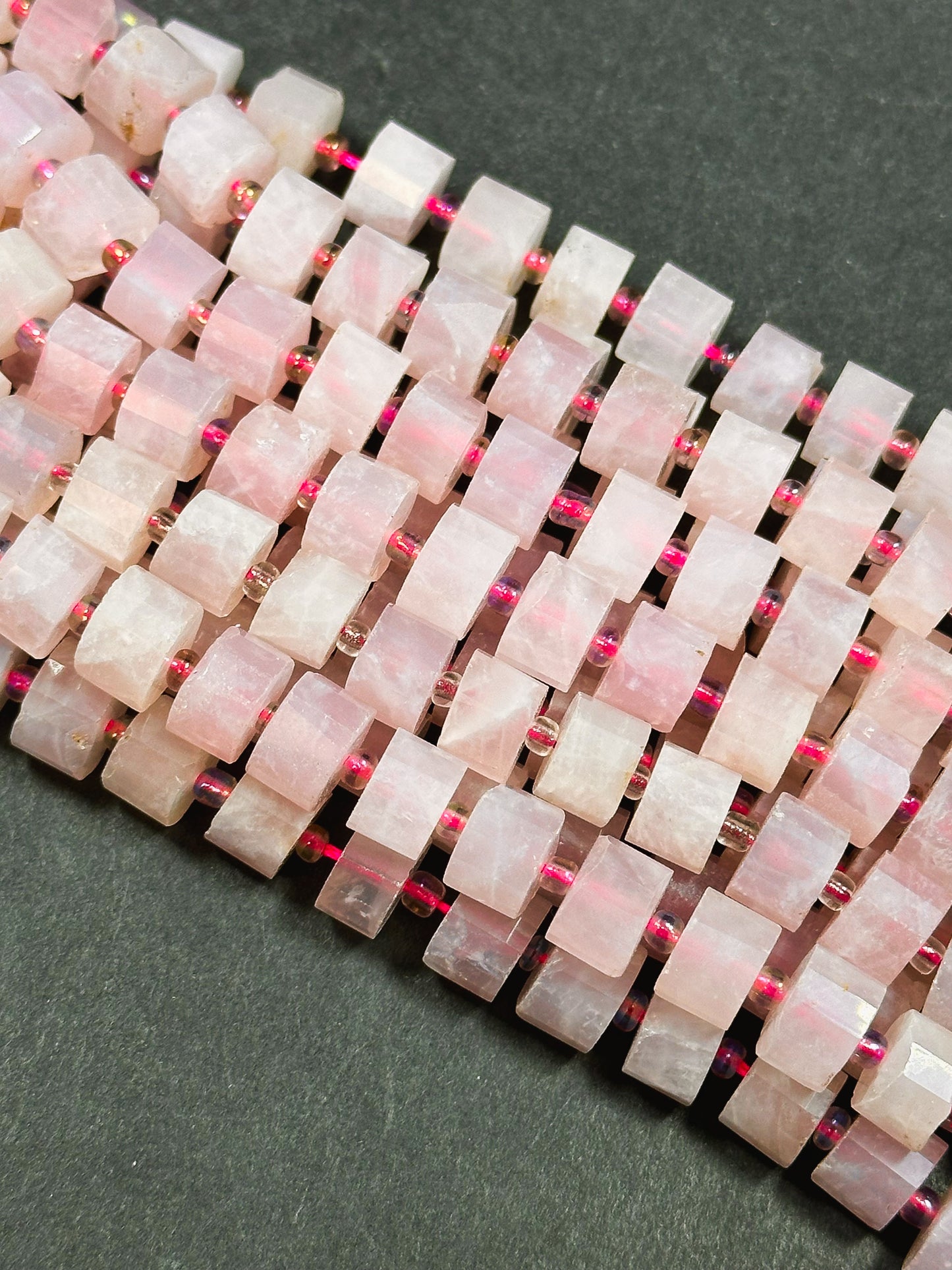 Natural Rose Quartz Gemstone Bead Faceted 8x6mm Pinwheel Cylinder Shape Bead, Beautiful Natural Pink Color Rose Quartz Gemstone Beads 15.5"