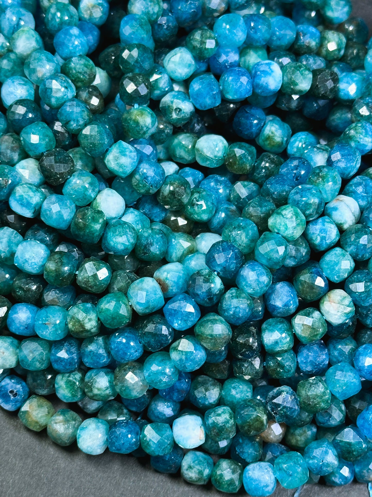 AAA Natural Apatite Gemstone Bead Faceted 7mm 9mm Round Edge Cube Shape Bead, Beautiful Natural Blue Color Apatite Full Strand 15.5"