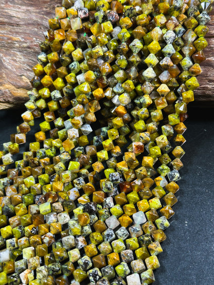 Natural Green Opal Gemstone Bead Faceted 8mm Bicone Diamond Shape Bead, Beautiful Natural Green Brown Color Opal Beads, Full Strand 15.5"