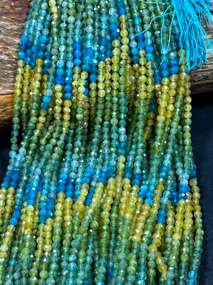 NATURAL Multicolor Apatite Gemstone Bead Faceted 3mm 4mm Round Beads, Beautiful Yellow Blue Green Color Apatite Beads Full Strand 15.5"