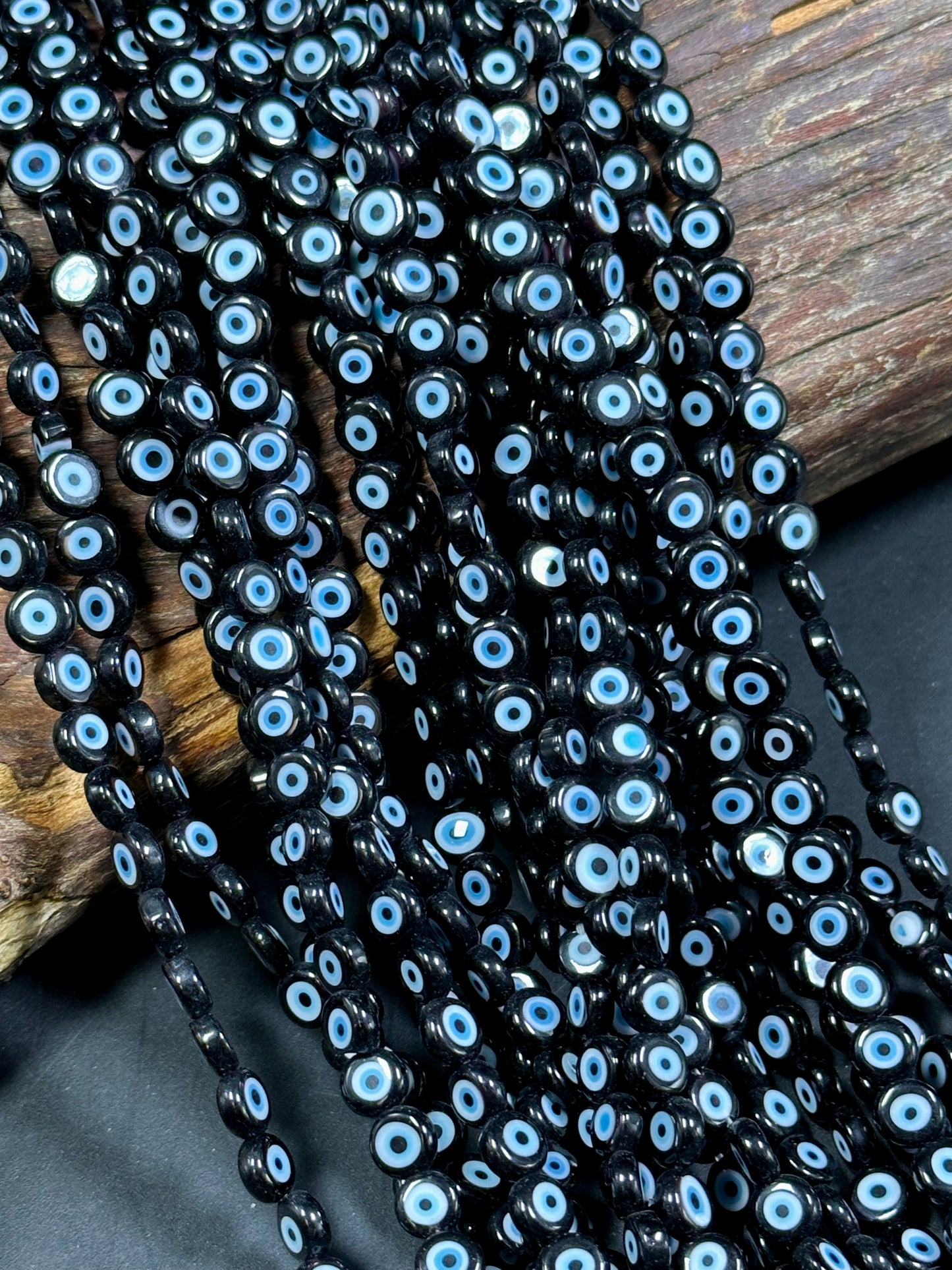 Beautiful Evil Eye Glass Bead 6mm Flat Coin Shape, Beautiful Black Color with BLUE Eyes Evil Eye Glass Beads, Religious Amulet Prayer Beads