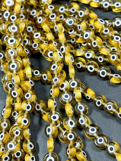 Beautiful Evil Eye Glass Beads 6mm 8mm Flat Coin Shape, Beautiful Yellow Clear Evil Eye Beads, Religious Amulet Prayer Beads