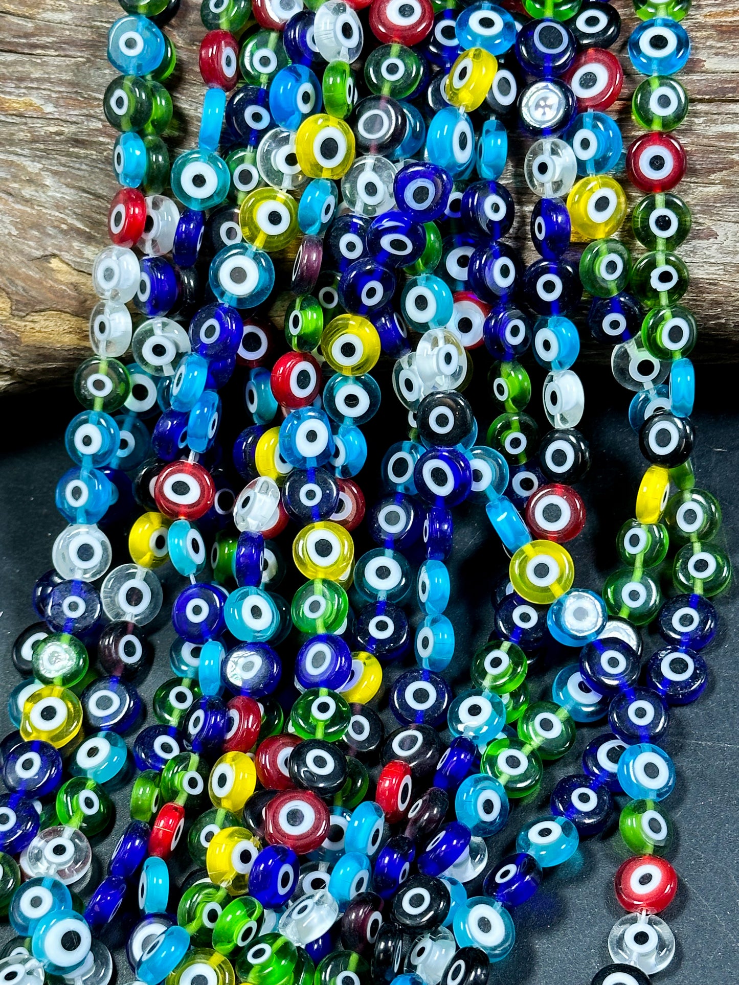 Beautiful Evil Eye Glass Beads 6mm 10mm Flat Coin Shape, Beautiful Multicolor Rainbow Evil Eye Glass Beads, Religious Amulet Prayer Beads