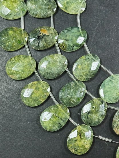 Natural Prehnite Gemstone Bead Faceted 26x19mm Teardrop Shape, Beautiful Natural Green Prehnite w/ Epidote Gemstone Beads, Full Strand 15.5"