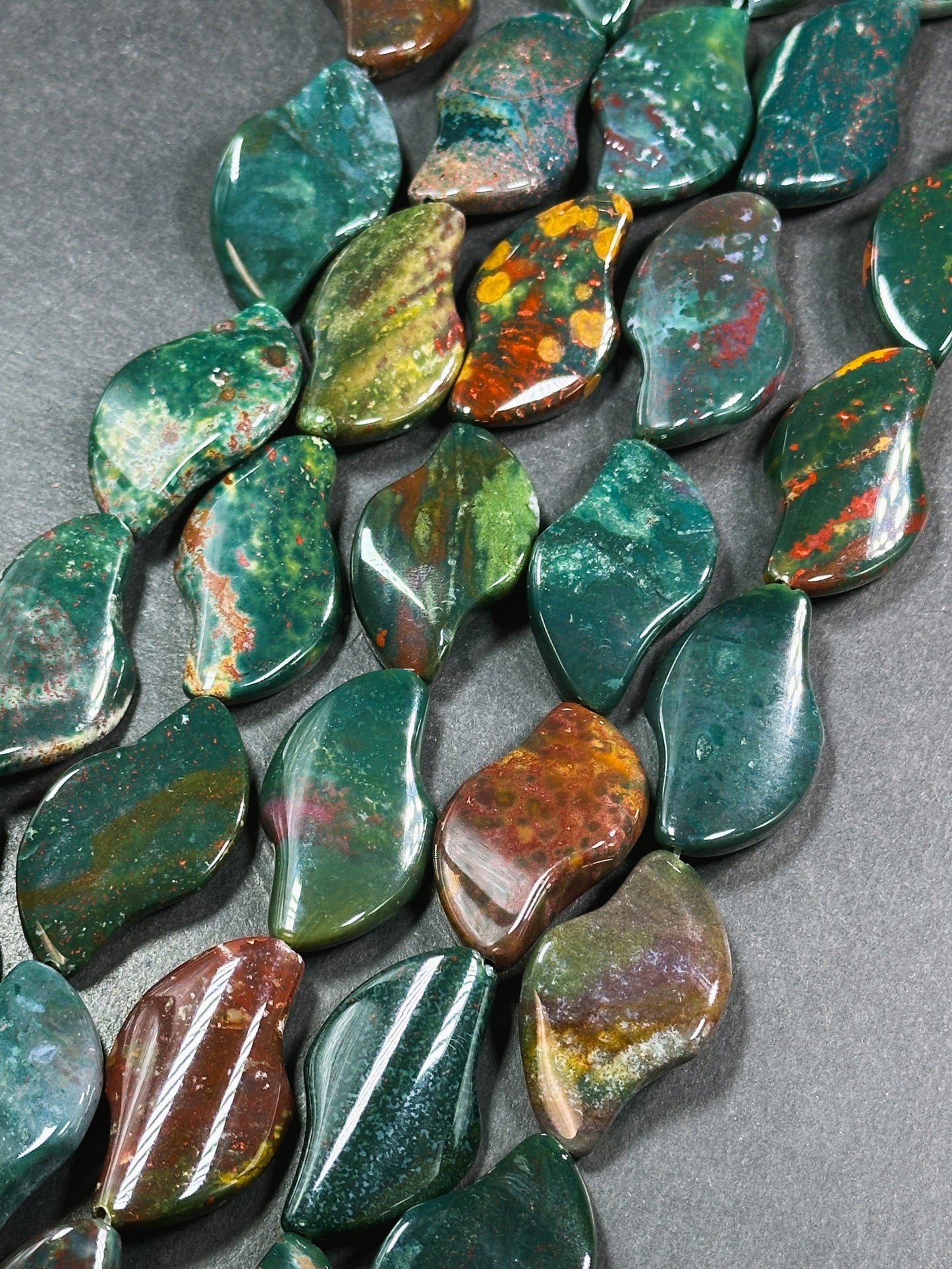 Natural Bloodstone Gemstone Bead 37x22mm Wave Shape, Beautiful Natural Dark Green Multicolor Bloodstone Gemstone Beads, Full Strand 15.5"