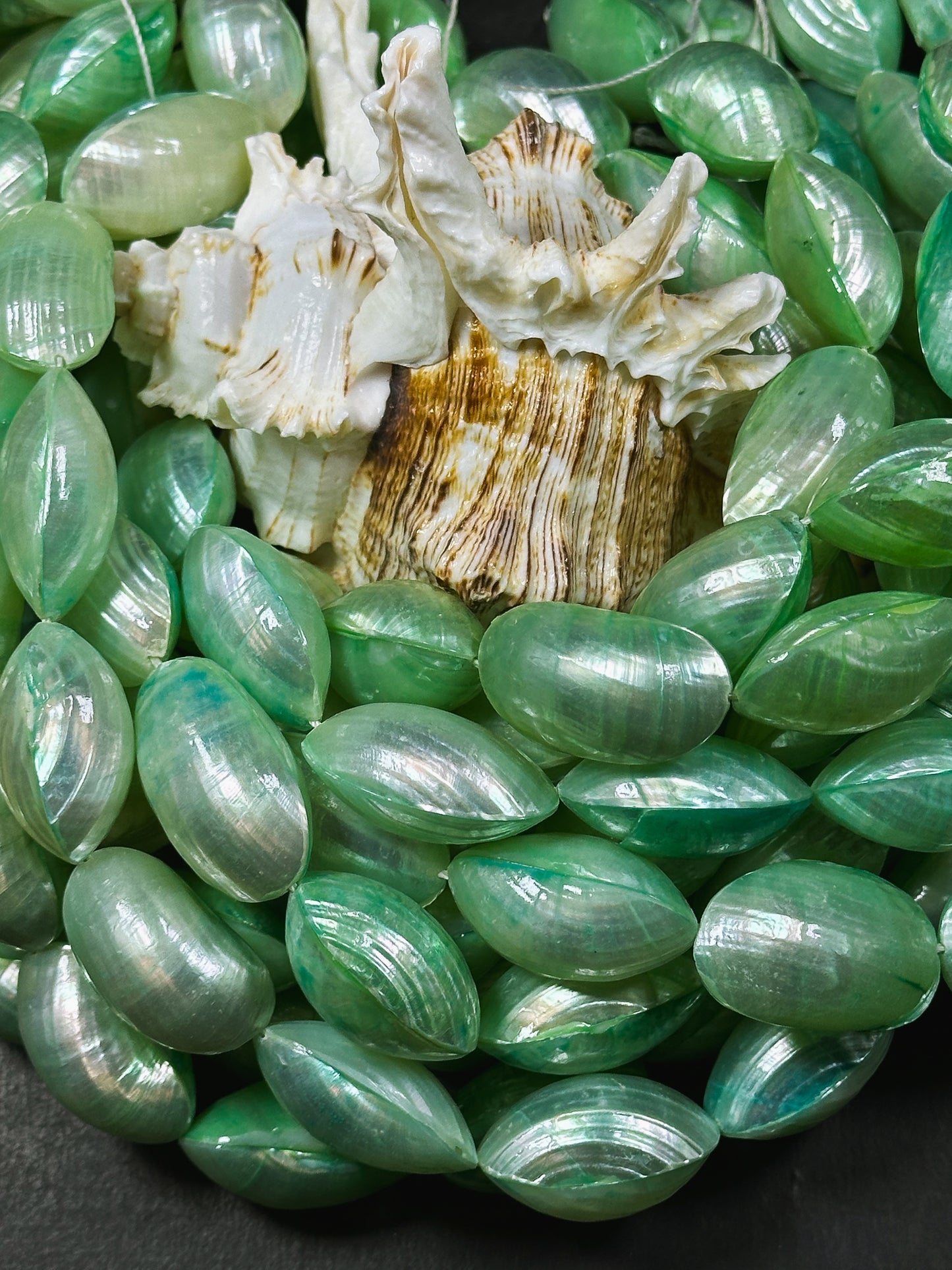 Natural Green Sea Shell Beads, Natural 24x12mm Sea Shell Oval Shape Beads, Gorgeous Spring Green Color Sea Shell Beads, 15.5" Strand