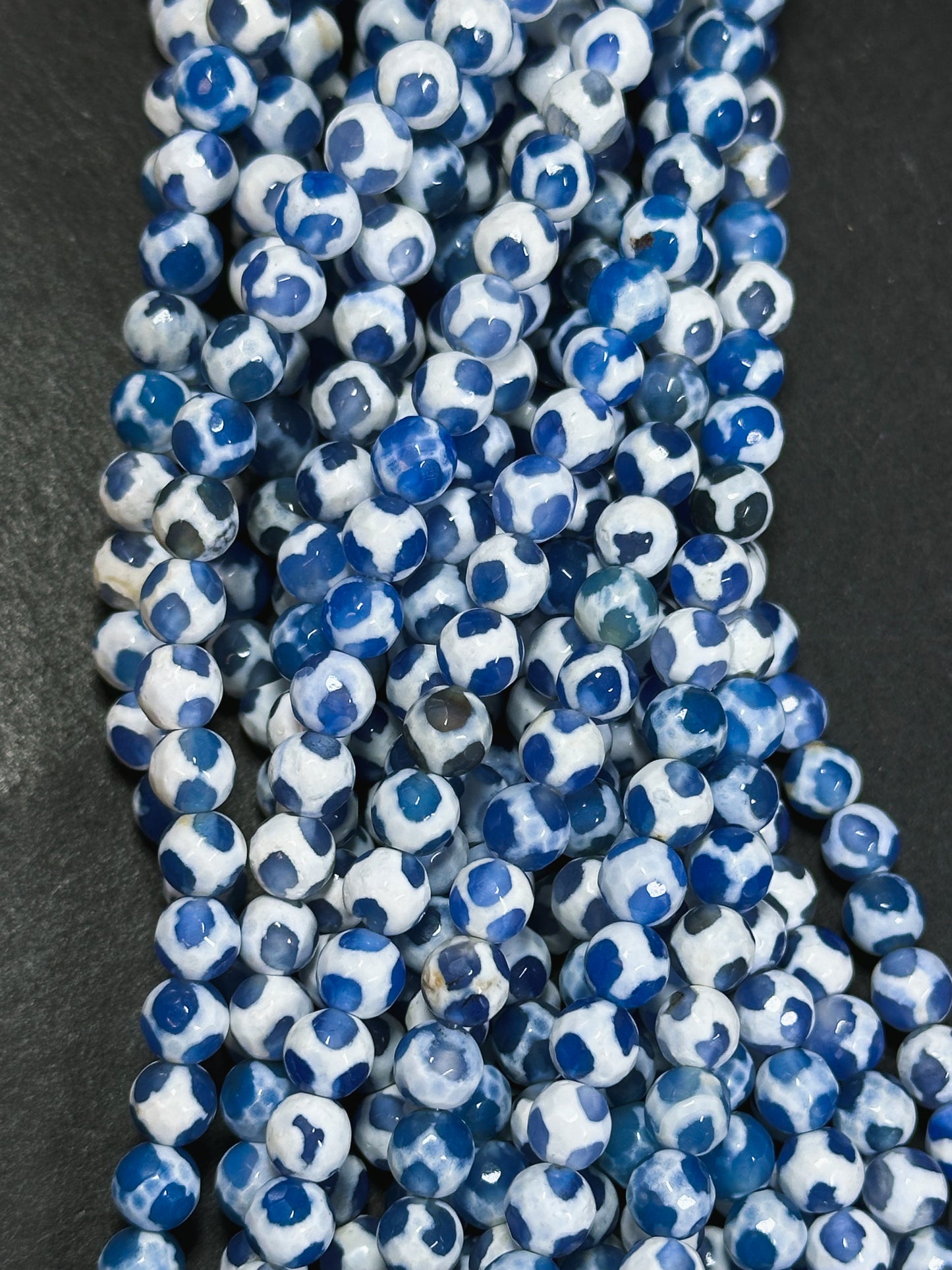 Natural Tibetan Agate Gemstone Bead Faceted 6mm Round Beads, Beautiful Hand Painted White Blue Soccer Ball Design Agate Bead Full 15" Strand