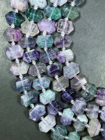 Natural Fluorite Gemstone Bead Faceted 25x16mm Double Point Barrel Shape, Beautiful Natural Multicolor Purple Green Fluorite Beads 15.5"