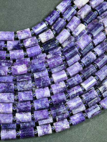 Natural Lepidolite Gemstone Faceted 14x10mm Tube Cylinder Shape, Beautiful Natural Purple Color Lepidolite Gemstone Bead Full Strand 15.5"