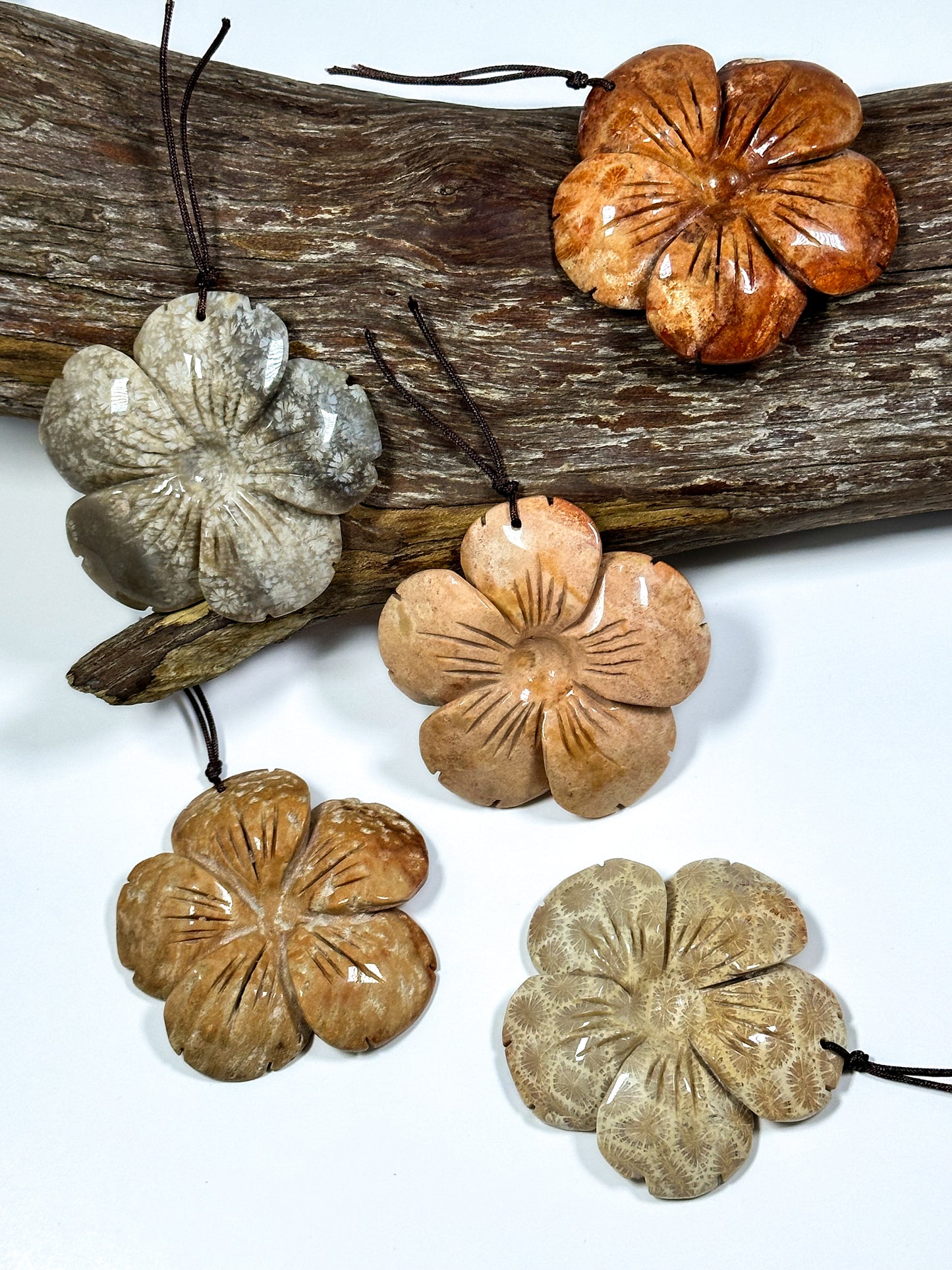 Hand Carved Natural Fossil Coral Gemstone Pendant 54mm Flower Shape, Beautiful Orange Red Beige Color Hand Carved Loose Fossil Coral Pendant