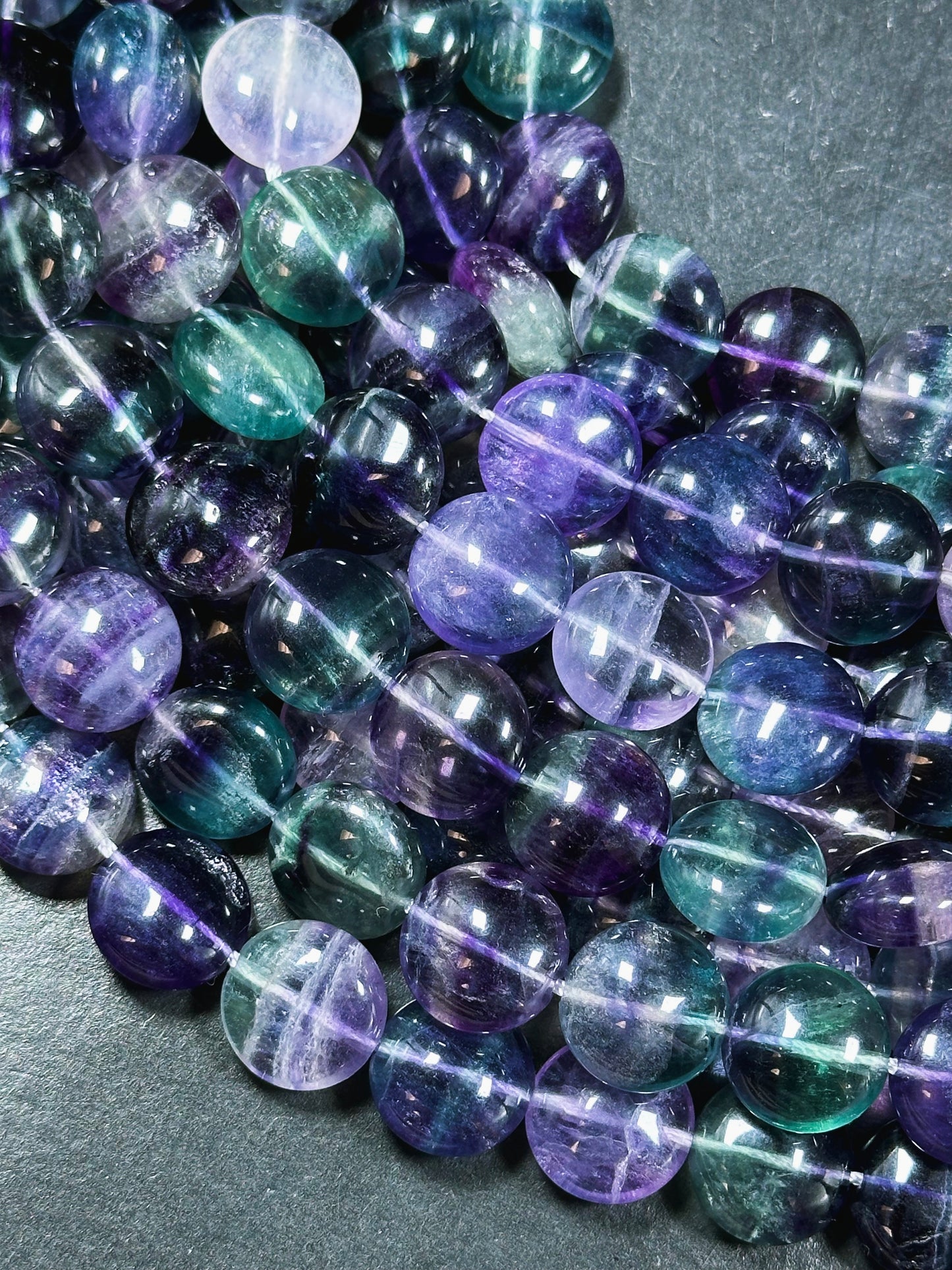 AAA Natural Fluorite Gemstone Bead 14mm Coin Shape, Beautiful Natural Purple Green Color Fluorite Gemstone Bead, Excellent Quality 15.5"