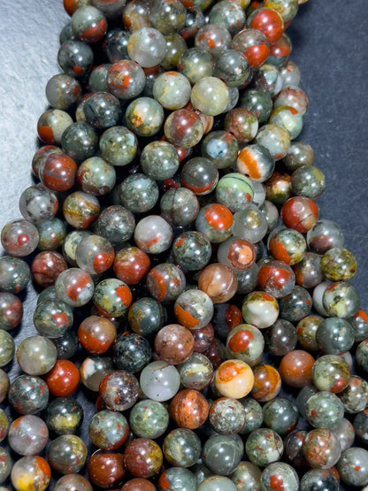 Natural African Bloodstone Gemstone Bead 8mm 10mm 11mm Round Beads, Beautiful Natural Red Gray Green Bloodstone Beads, Great Quality 15.5"