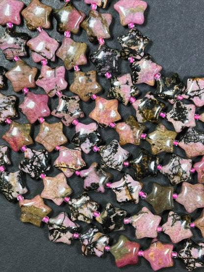 Natural Rhodonite Gemstone Bead 15mm Star Shape Bead, Beautiful Natural Pink Black Color Rhodonite Bead, Excellent Quality Full Strand 15.5"