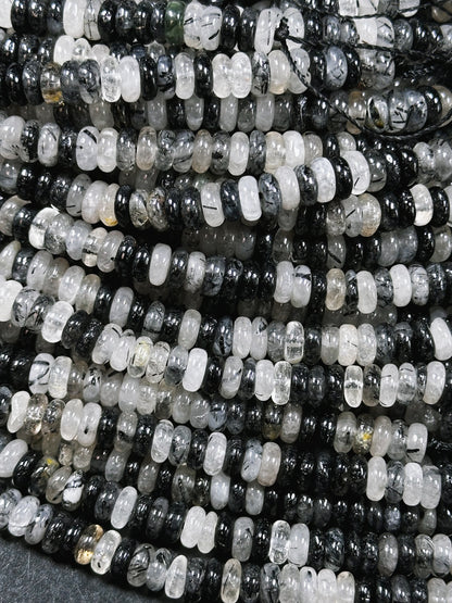 Natural Rutilated Quartz Gemstone Bead 6x2mm Rondelle Shape, Beautiful Natural Clear Black Color Rutilated Quartz Bead, Great Quality 15.5"