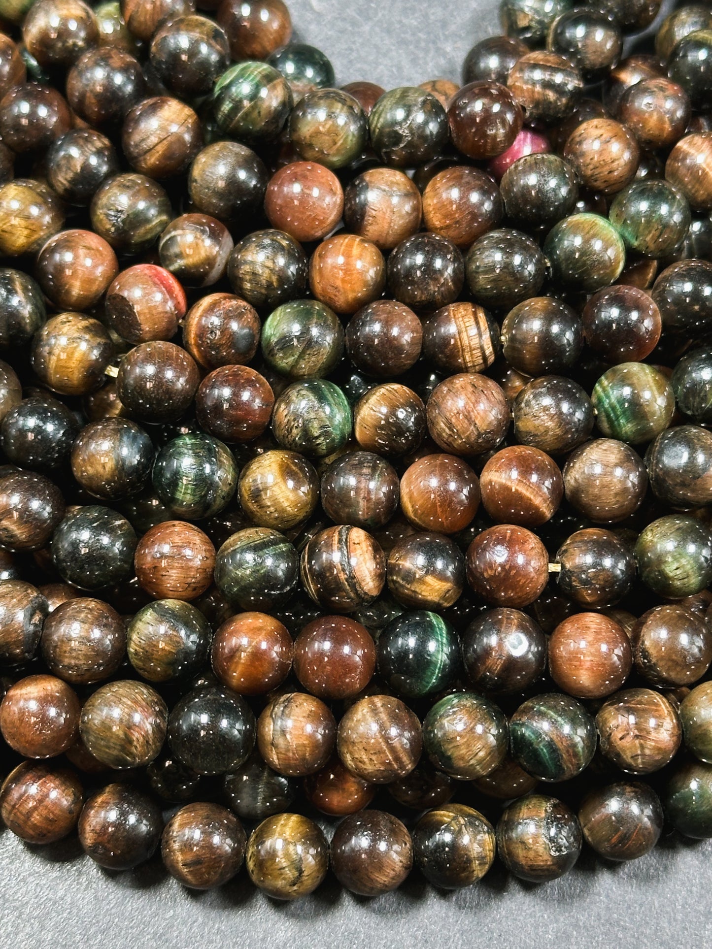 Natural Multicolor Tiger Eye Gemstone 8mm 10mm Round Beads, Gorgeous Multicolor Brown Navy Turquoise Color Tiger Eye Gemstone Beads 15.5"