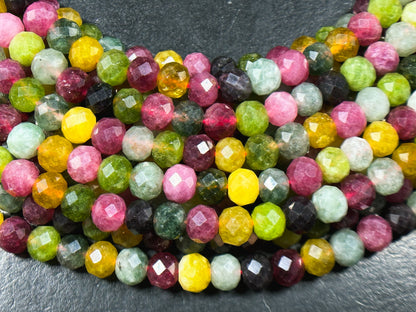 Natural Tourmaline Quartz Gemstone Bead Faceted Rondelle Shape Bead, Beautiful Multicolor Green Yellow Pink Tourmaline Quartz, 15.5" Strand